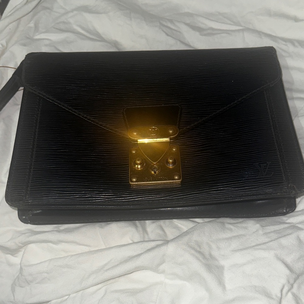Louis Vuitton Black Leather Clutch with Gold Accents